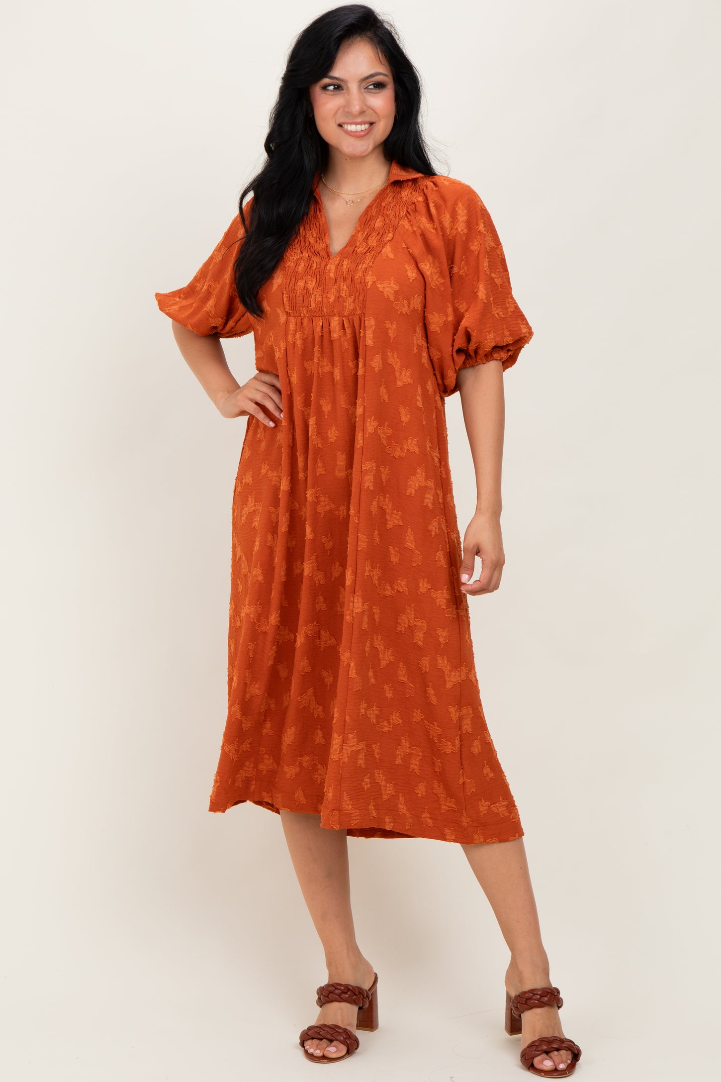 Rust Jacquard Texture V-Neck Maternity Midi Dress