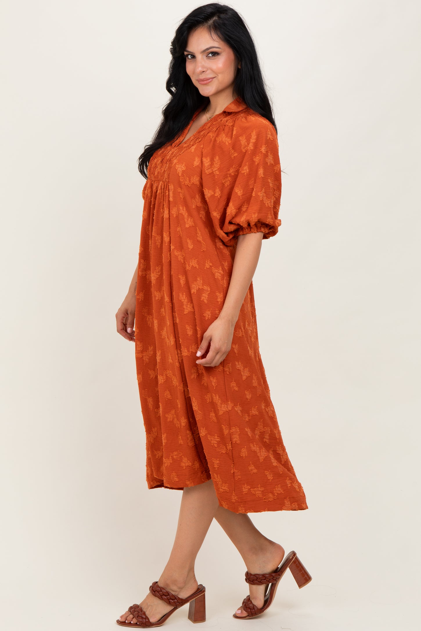 Rust Jacquard Texture V-Neck Midi Dress