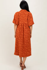Rust Jacquard Texture V-Neck Midi Dress