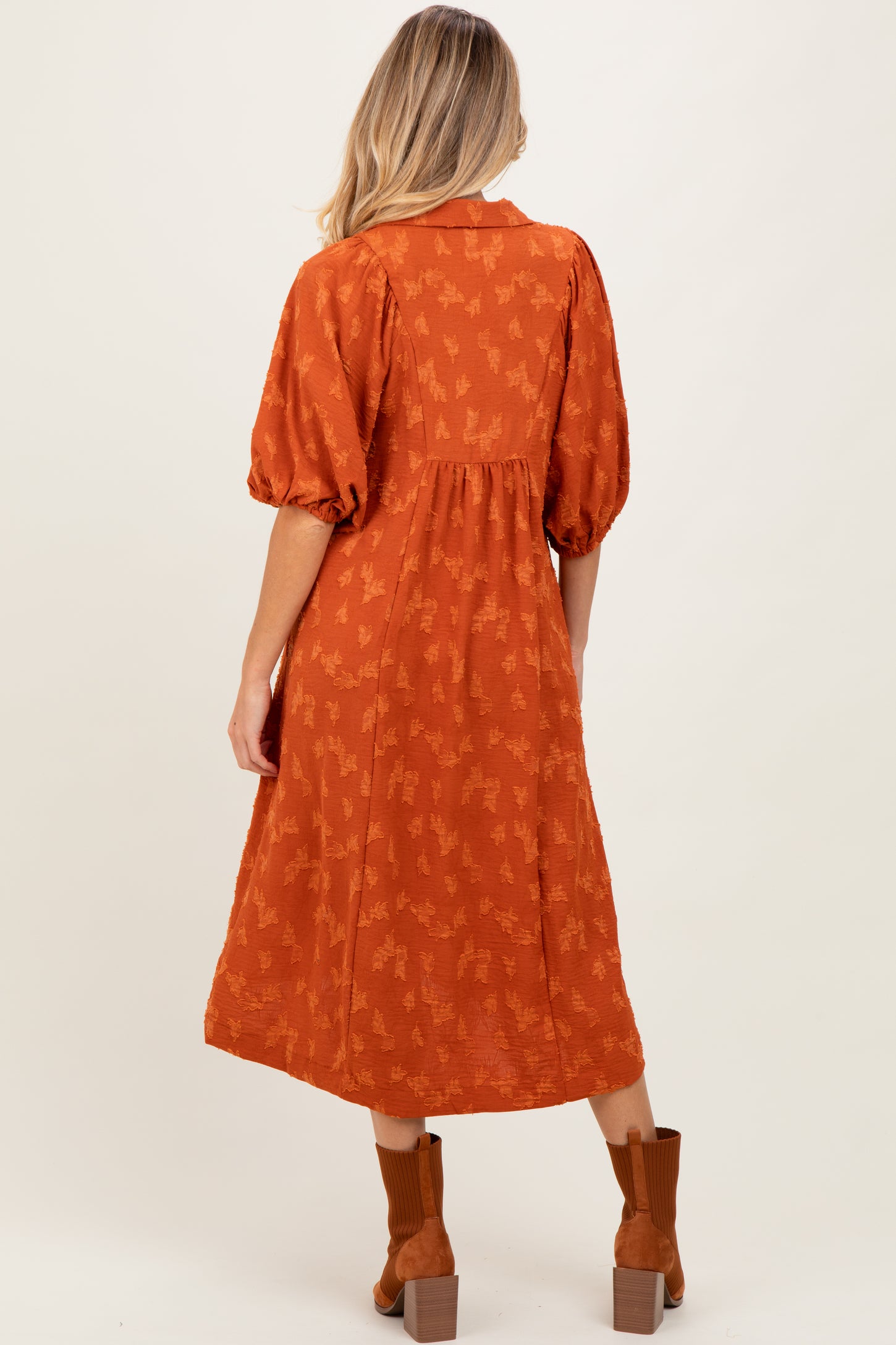 Rust Jacquard Texture V-Neck Maternity Midi Dress