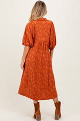 Rust Jacquard Texture V-Neck Maternity Midi Dress