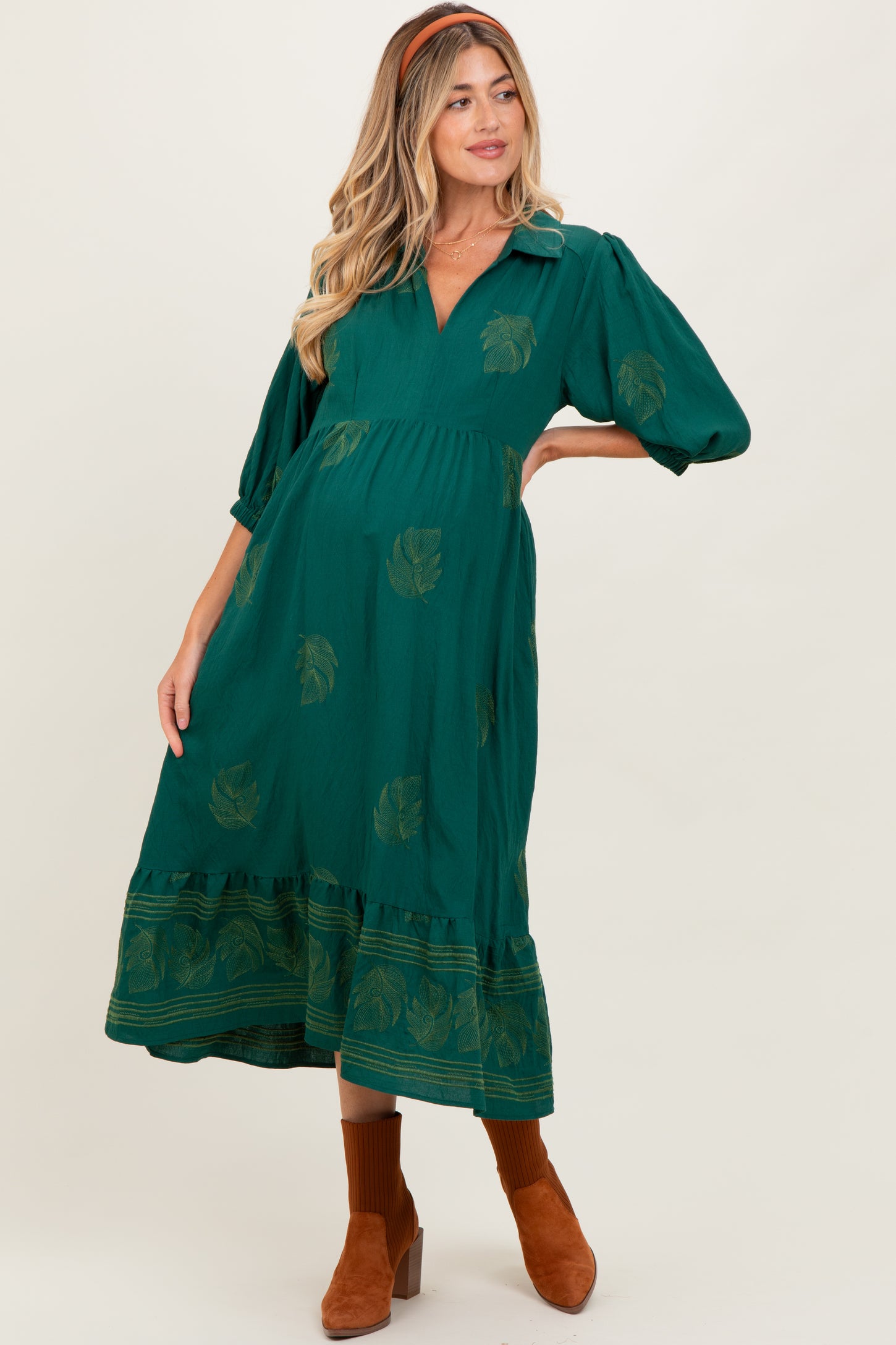 Forest Green Embroidered Leaf Print V-Neck Maternity Midi Dress