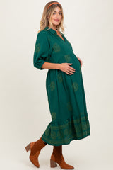 Forest Green Embroidered Leaf Print V-Neck Maternity Midi Dress
