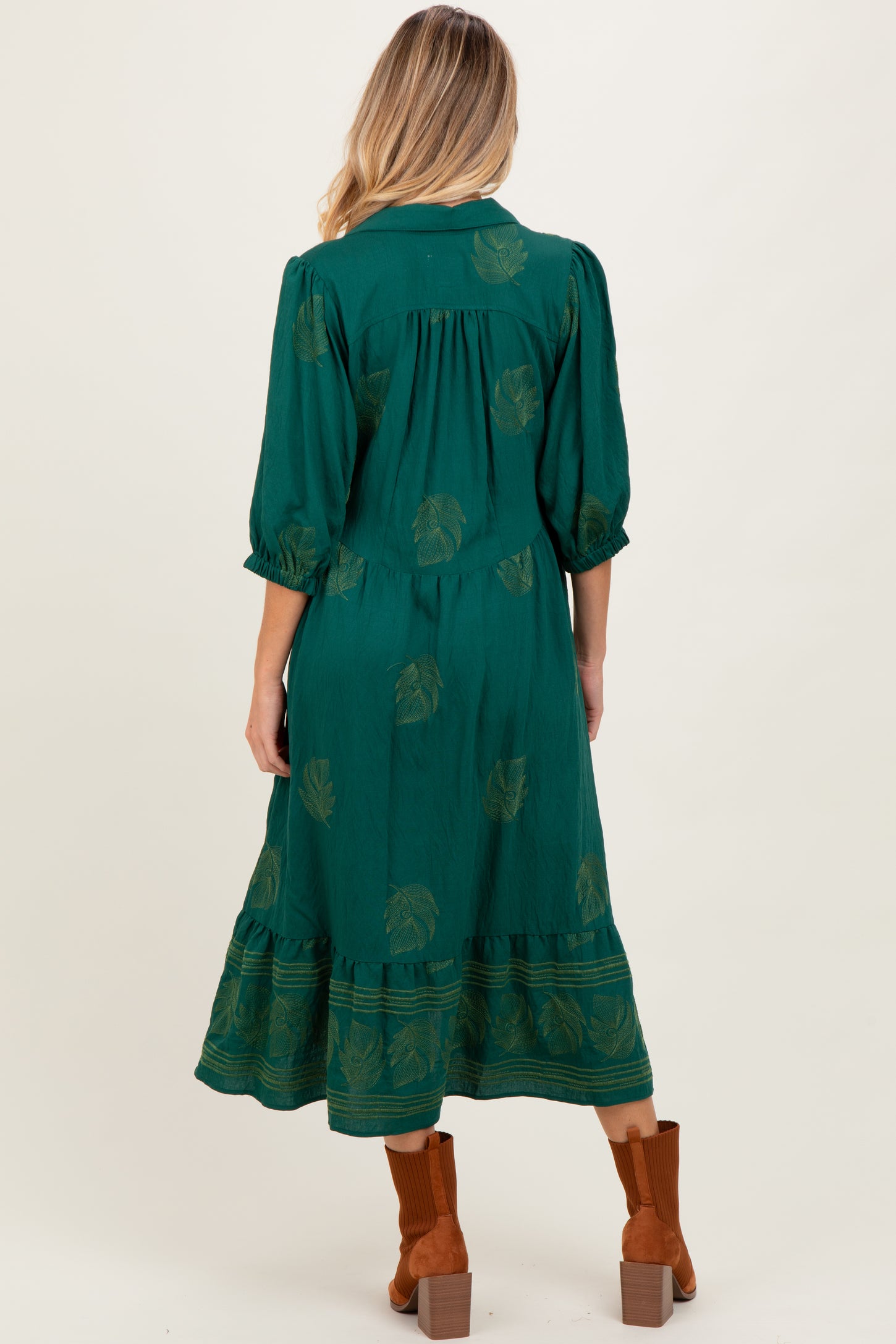 Forest Green Embroidered Leaf Print V-Neck Maternity Midi Dress