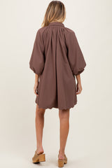 Brown Textured Collared 3/4 Puff Sleeve Maternity Dress