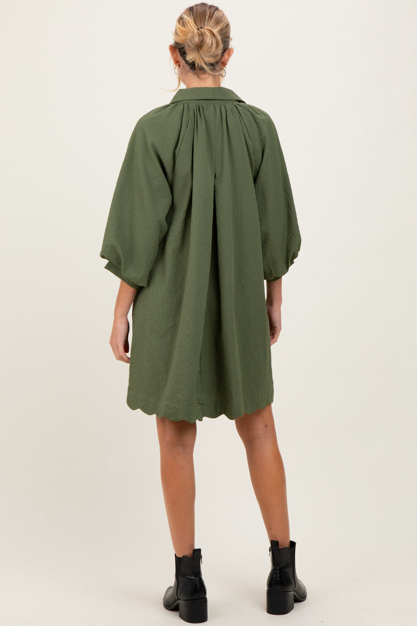 Olive Textured Collared 3/4 Puff Sleeve Maternity Dress