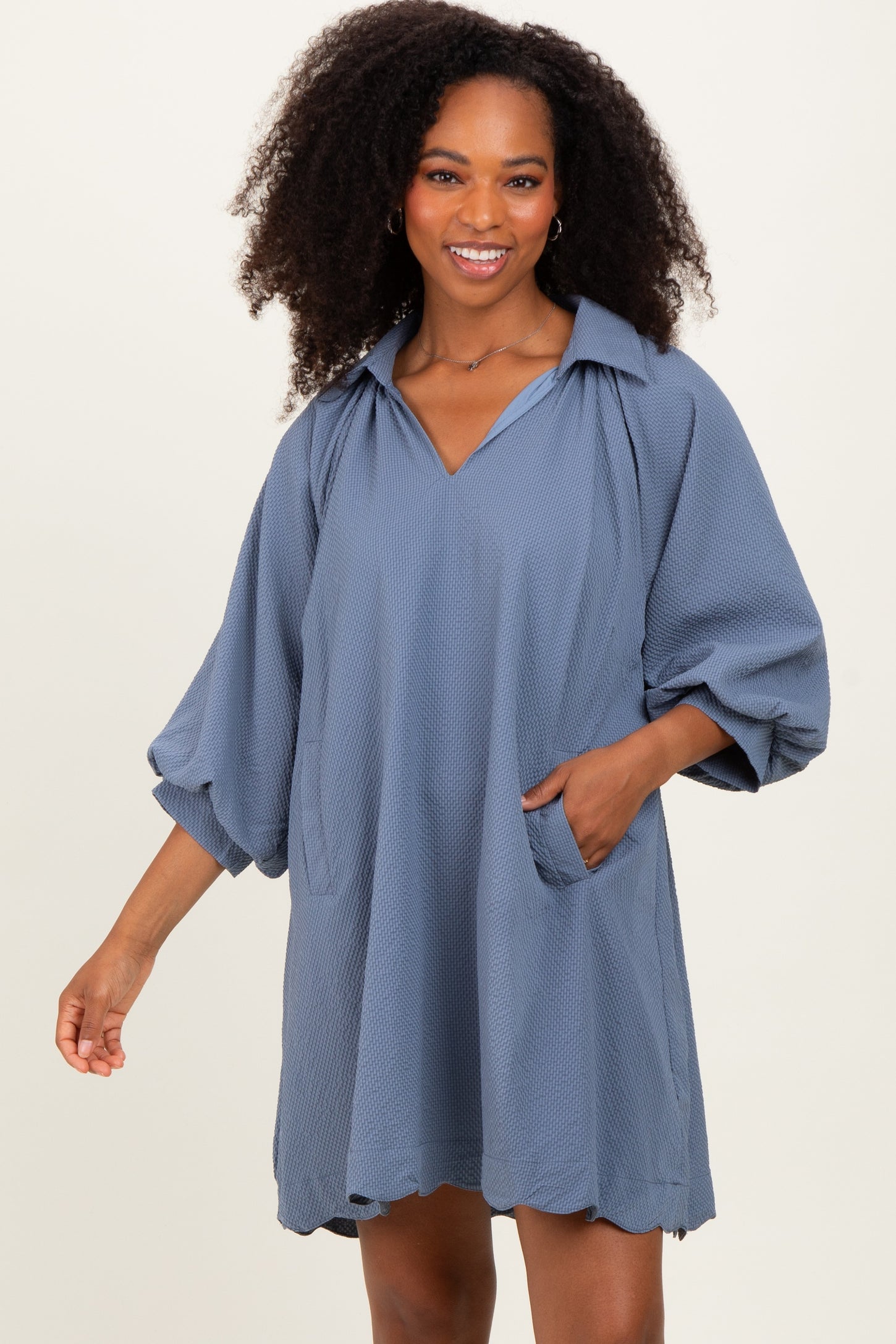 Blue Textured Collared 3/4 Puff Sleeve Dress