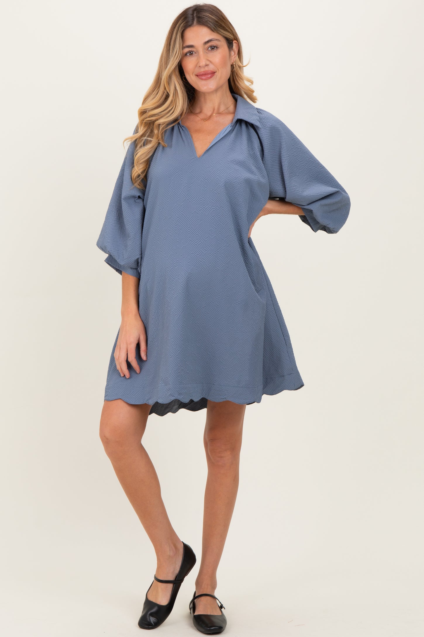 Blue Textured Collared 3/4 Puff Sleeve Maternity Dress