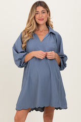 Blue Textured Collared 3/4 Puff Sleeve Maternity Dress