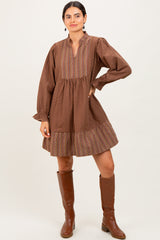 Brown Mixed Print V-Neck 3/4 Sleeve Maternity Dress
