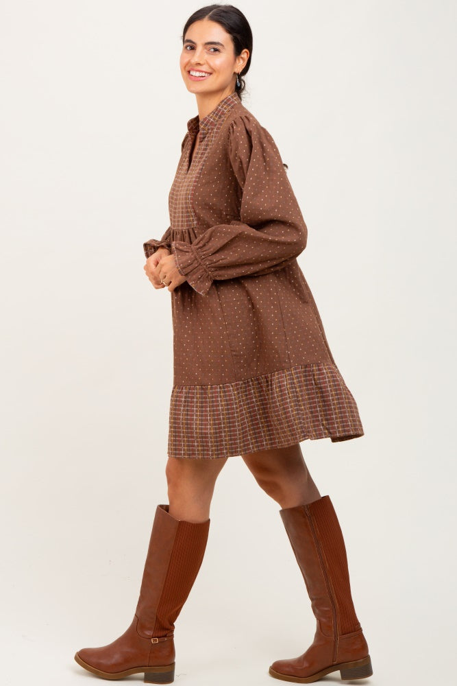 Brown Mixed Print V-Neck 3/4 Sleeve Dress