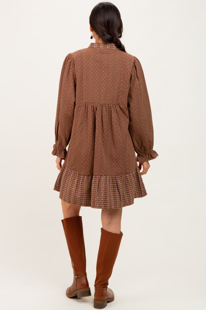 Brown Mixed Print V-Neck 3/4 Sleeve Dress