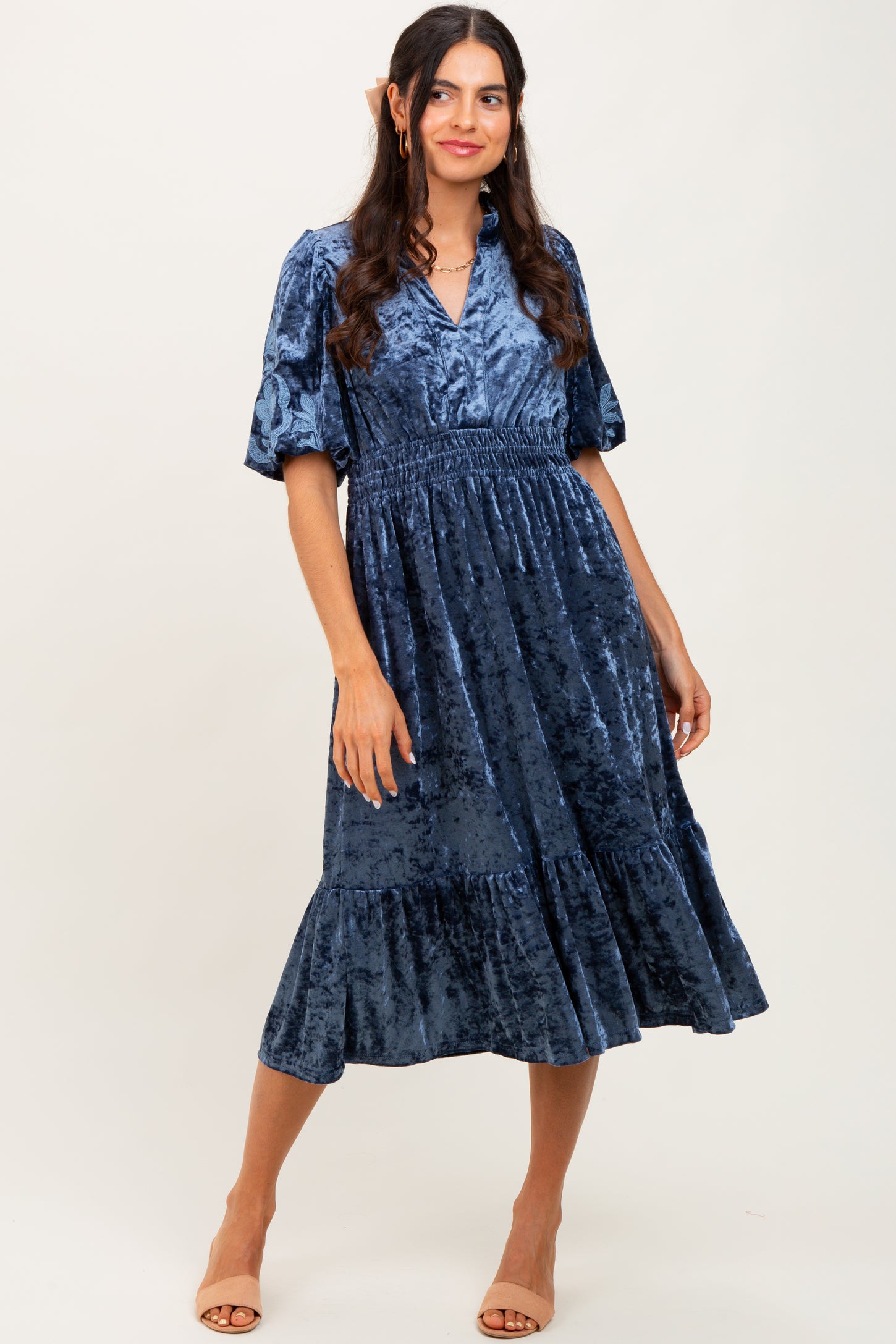 Blue Embroidered Velvet Smocked Waist Midi Dress
