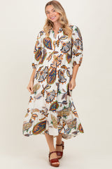 Cream Floral Collared 3/4 Sleeve Midi Dress