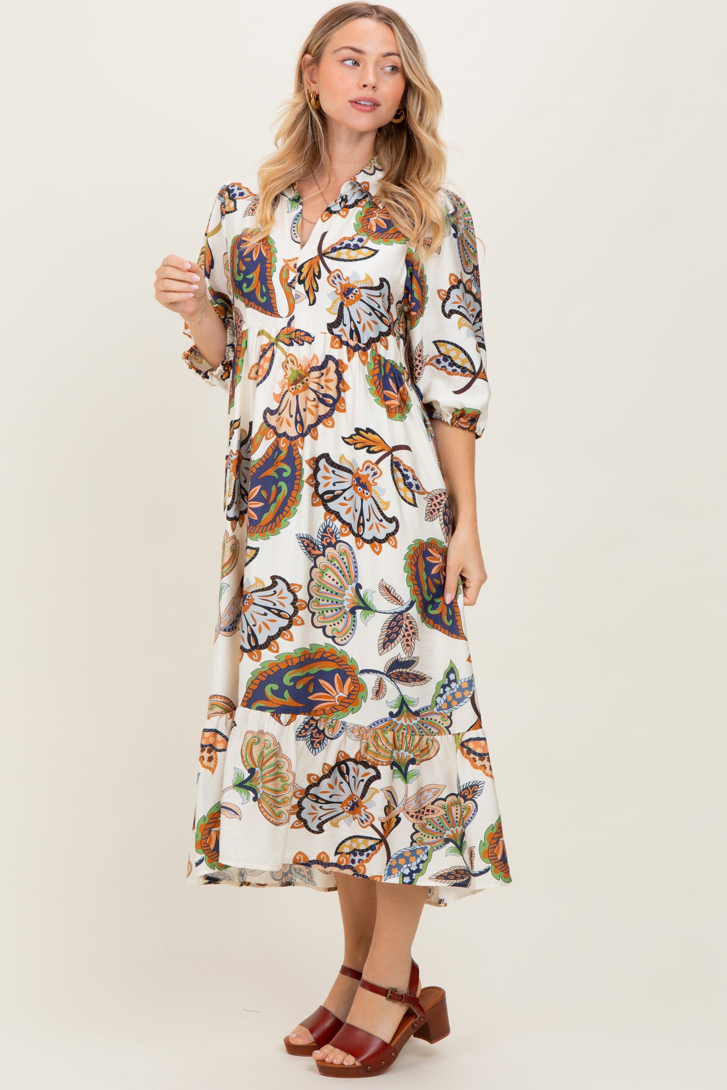 Cream Floral Collared 3/4 Sleeve Midi Dress
