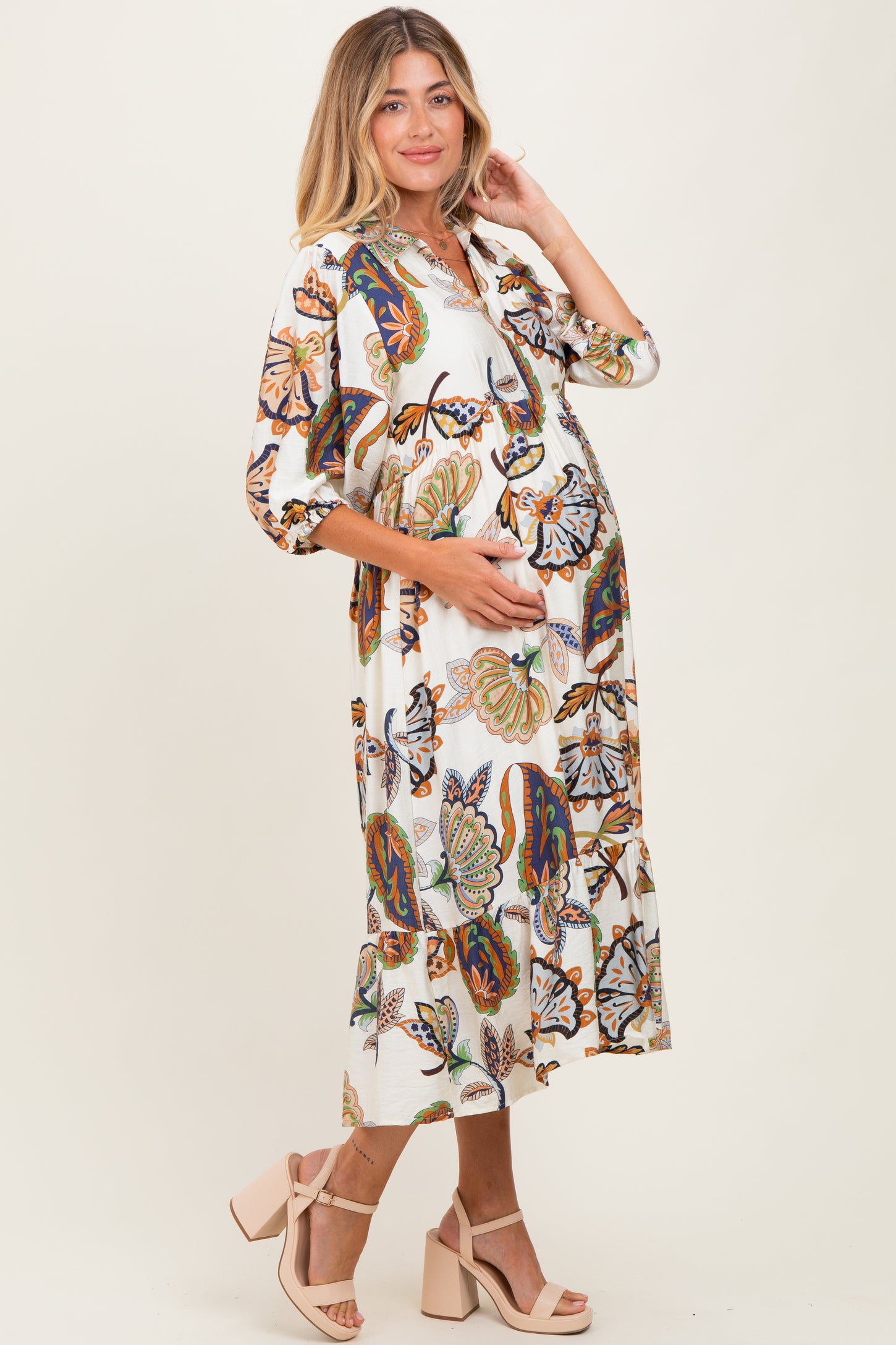 Cream Floral Collared 3/4 Sleeve Maternity Midi Dress