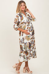 Cream Floral Collared 3/4 Sleeve Maternity Midi Dress