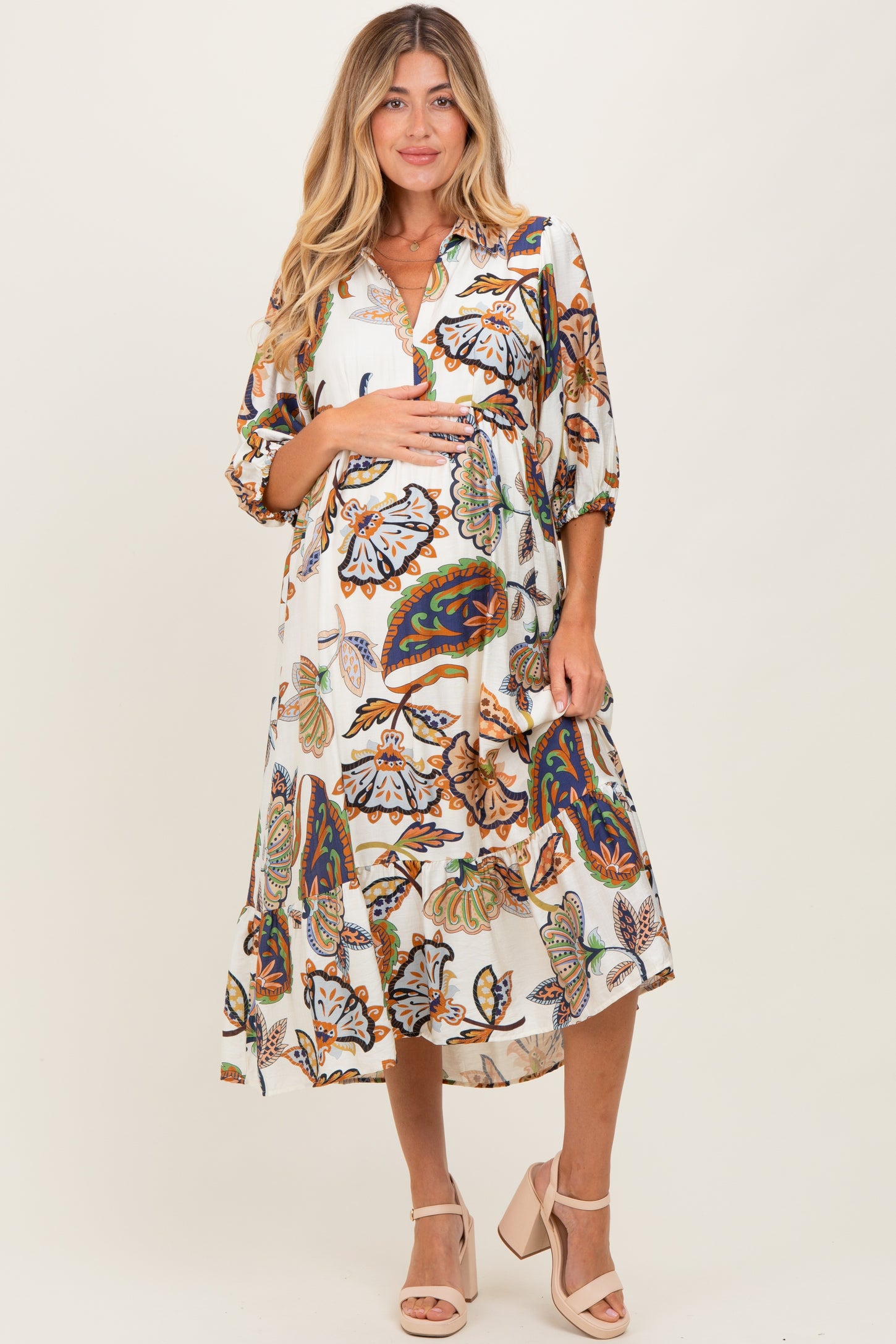 Cream Floral Collared 3/4 Sleeve Maternity Midi Dress