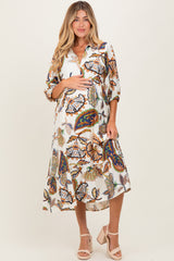 Cream Floral Collared 3/4 Sleeve Maternity Midi Dress