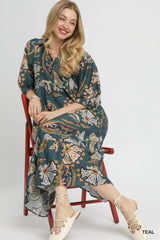 Teal Floral Collared 3/4 Sleeve Midi Dress
