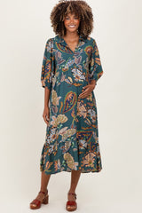Teal Floral Collared 3/4 Sleeve Maternity Midi Dress