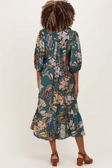 Teal Floral Collared 3/4 Sleeve Maternity Midi Dress