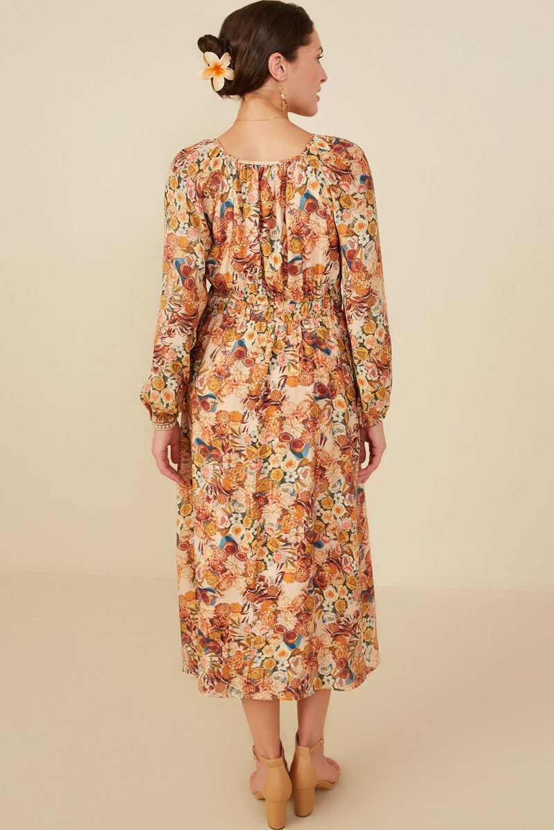 Cream Floral Fruit Smocked Waist Midi Dress