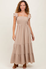 Beige Smocked Ruffle Off Shoulder Tiered Maxi Dress