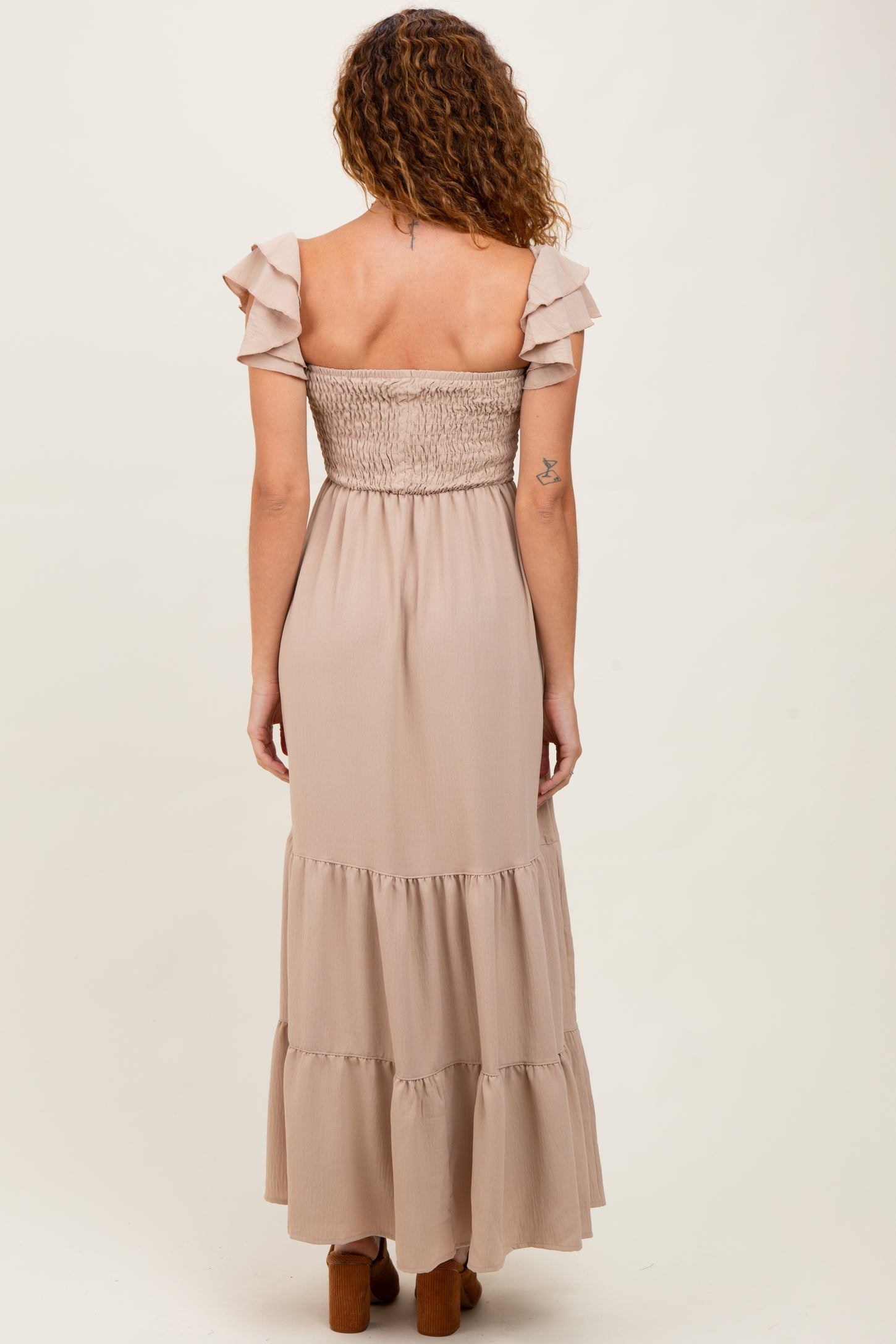 Beige Smocked Ruffle Off Shoulder Tiered Maxi Dress