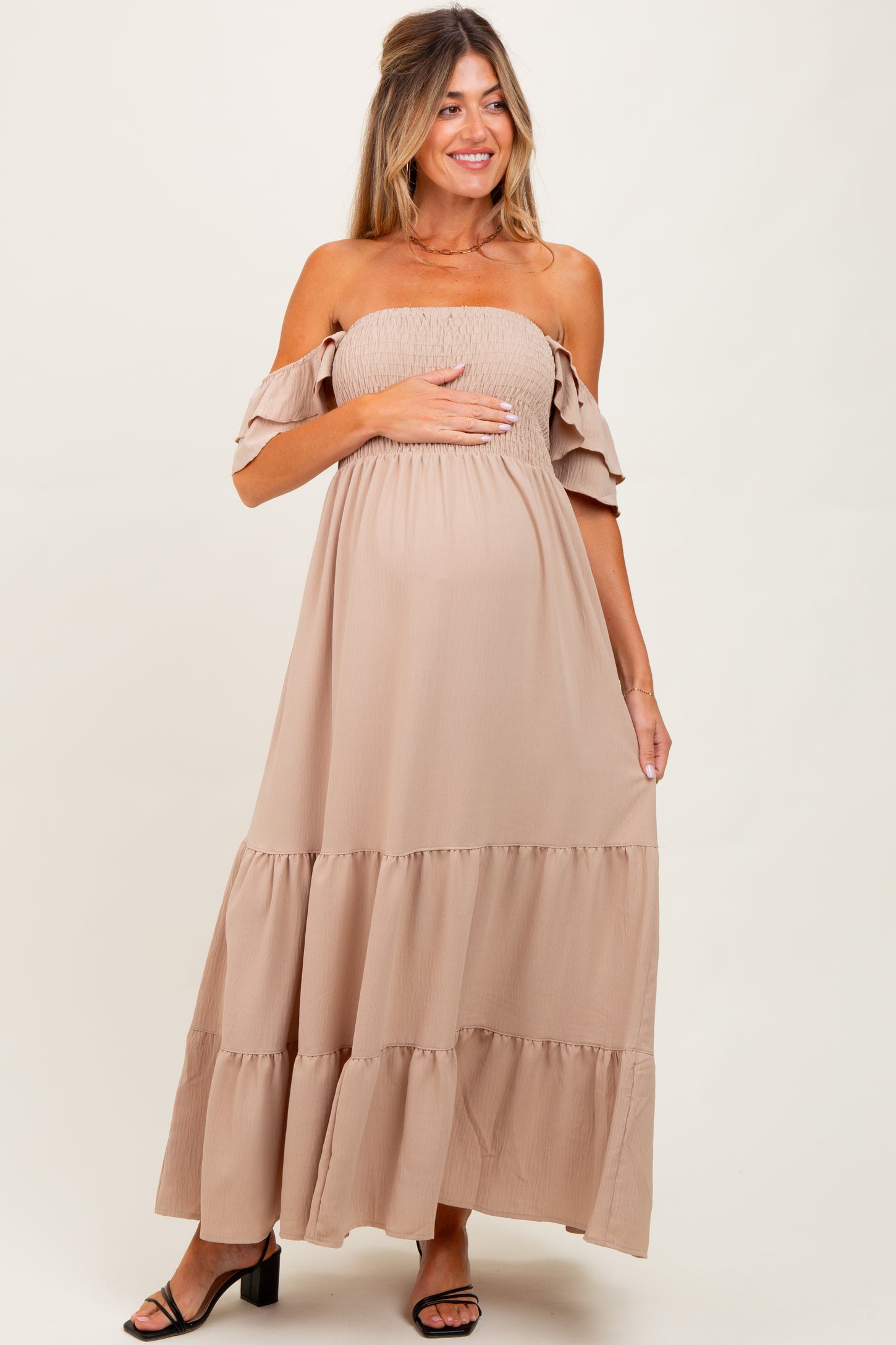Beige Smocked Ruffle Off Shoulder Tiered Maternity Maxi Dress