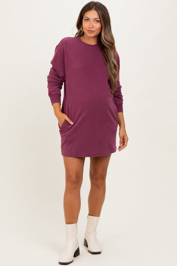 Burgundy Mineral Wash Oversized Maternity Sweatshirt Mini Dress