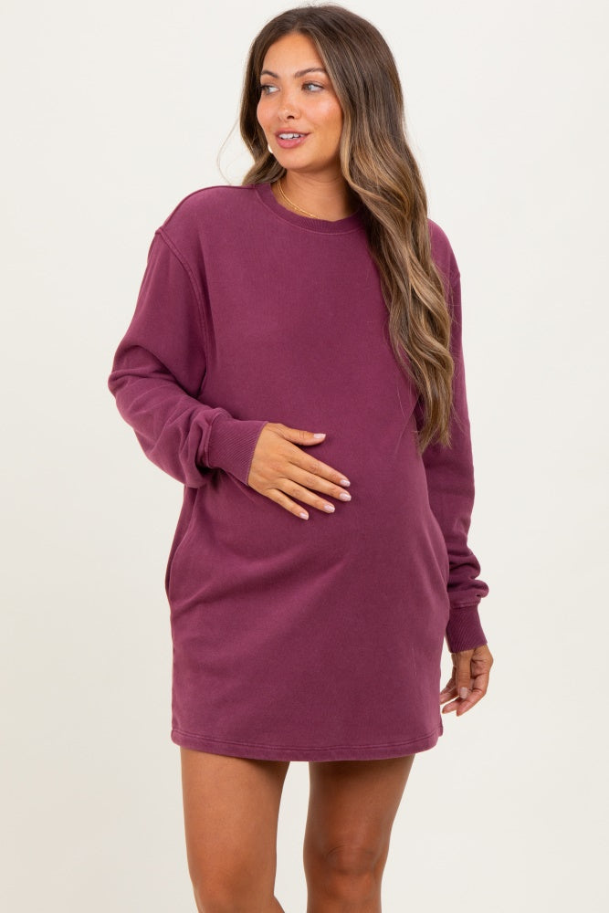Burgundy Mineral Wash Oversized Maternity Sweatshirt Mini Dress