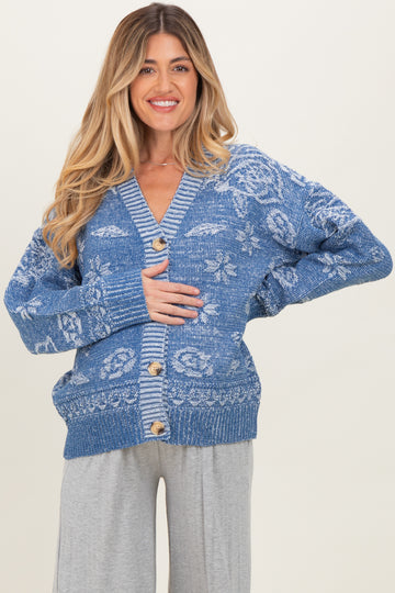 Blue Floral Knit Maternity Button Cardigan