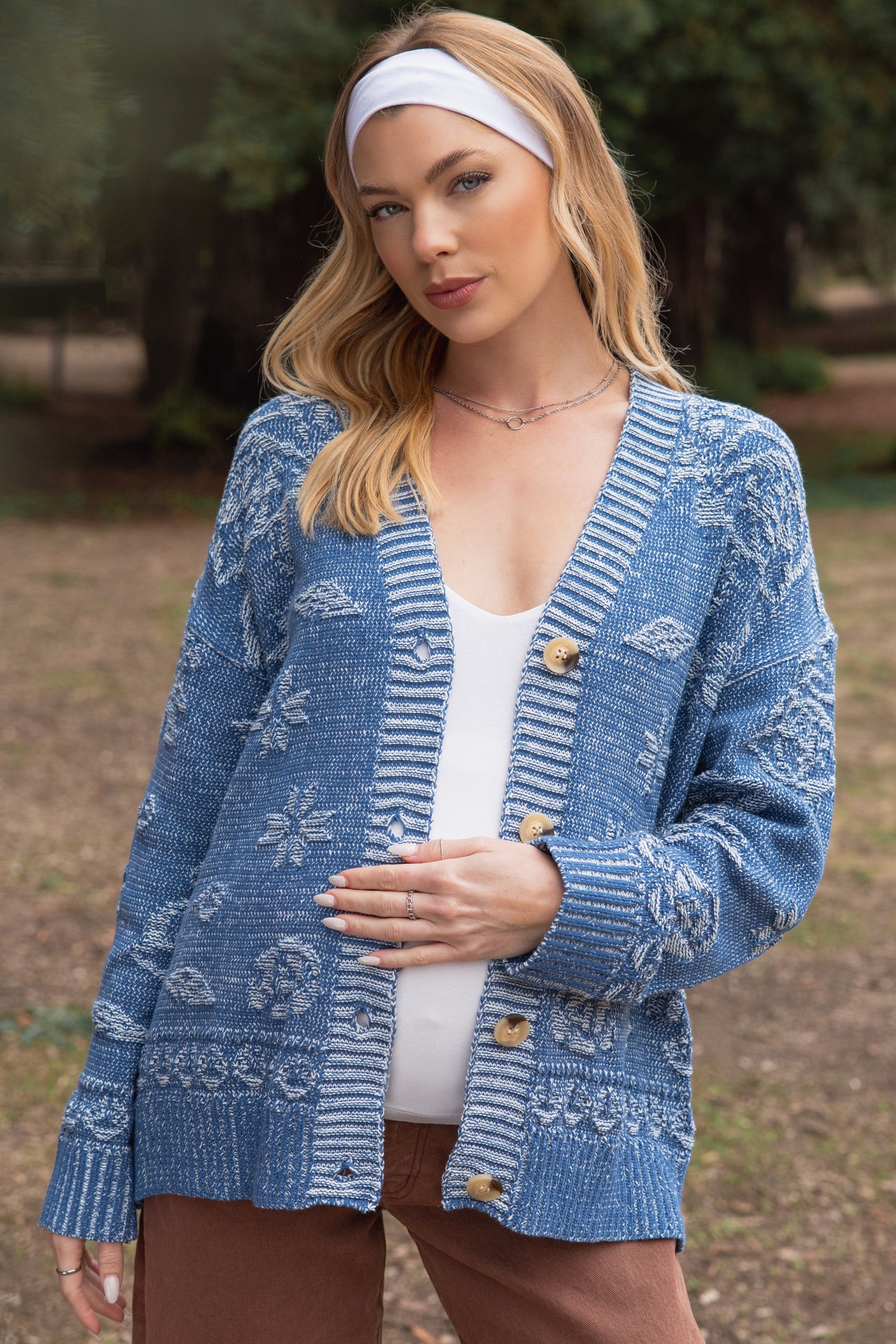 Blue Floral Knit Maternity Button Cardigan
