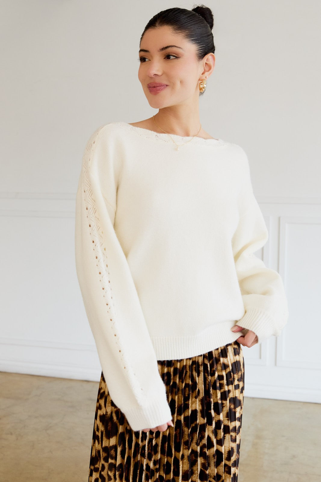 Cream Boat Neck Pointelle Detail Maternity Sweater