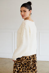 Cream Boat Neck Pointelle Detail Sweater
