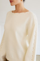 Cream Boat Neck Pointelle Detail Sweater