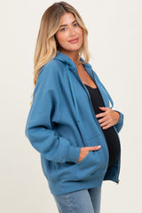 Blue Relaxed Fit Fleece Maternity Zip Hoodie
