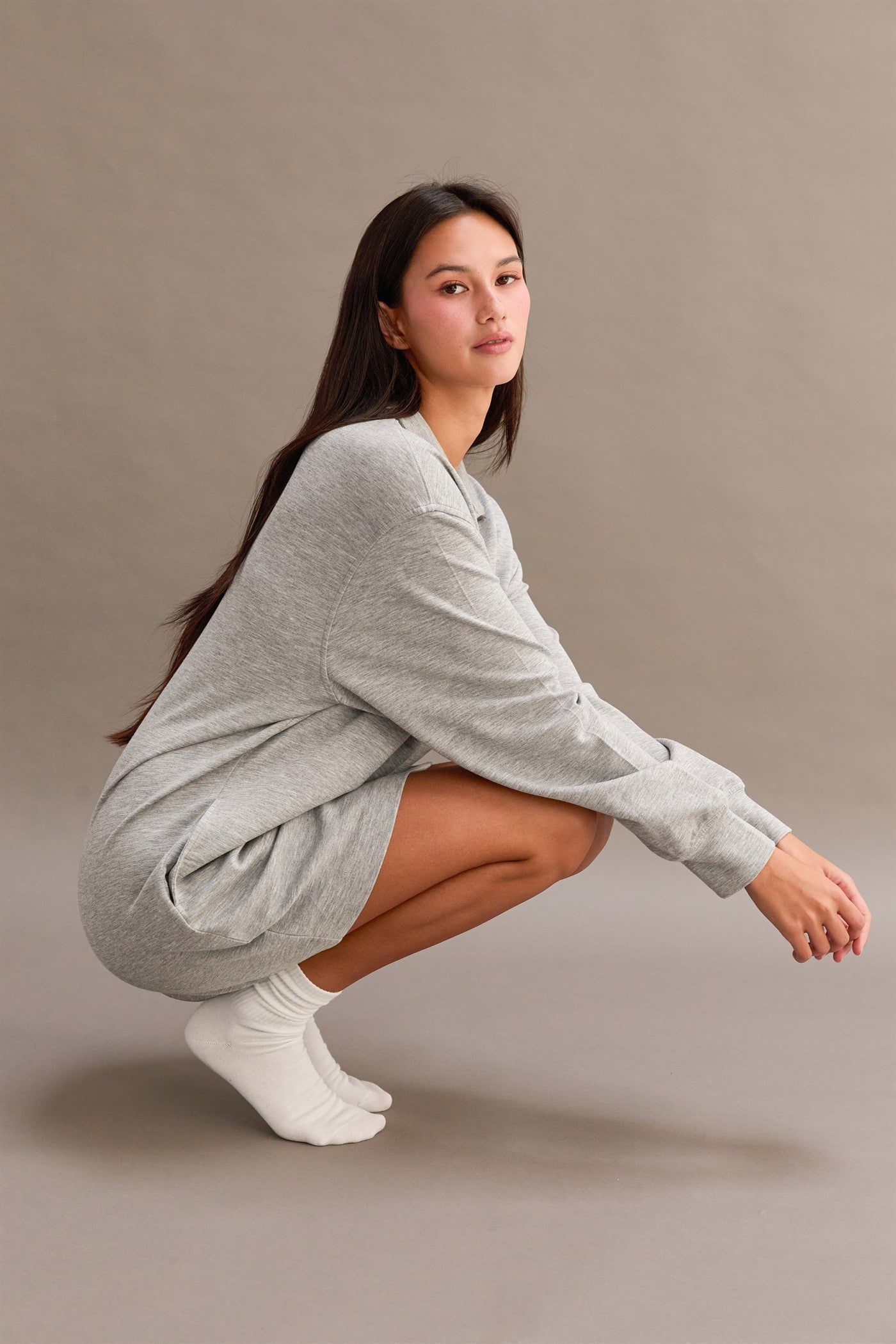 Heather Grey Half Zip Long Sleeve Mini Dress