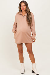 Taupe Half Zip Long Sleeve Maternity Mini Dress