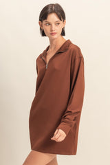 Brown Half Zip Long Sleeve Mini Dress