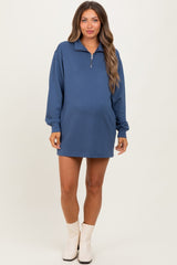 Light Navy Half Zip Long Sleeve Maternity Mini Dress