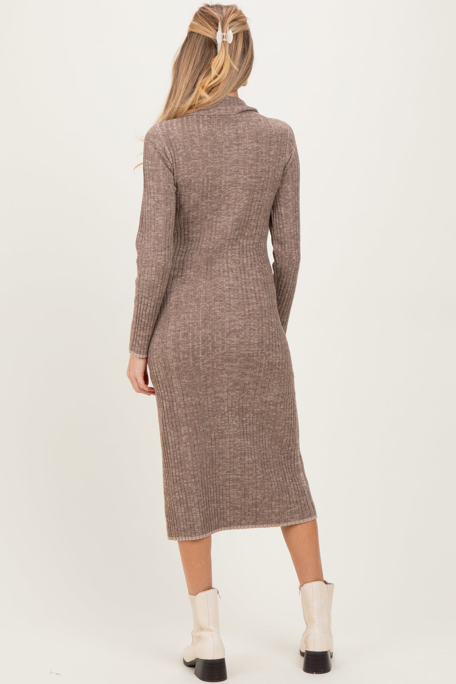 Mocha Striped Rib Knit Maternity Polo Sweater Dress
