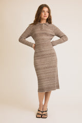 Mocha Striped Rib Knit Maternity Polo Sweater Dress