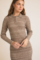 Mocha Striped Rib Knit Polo Sweater Dress