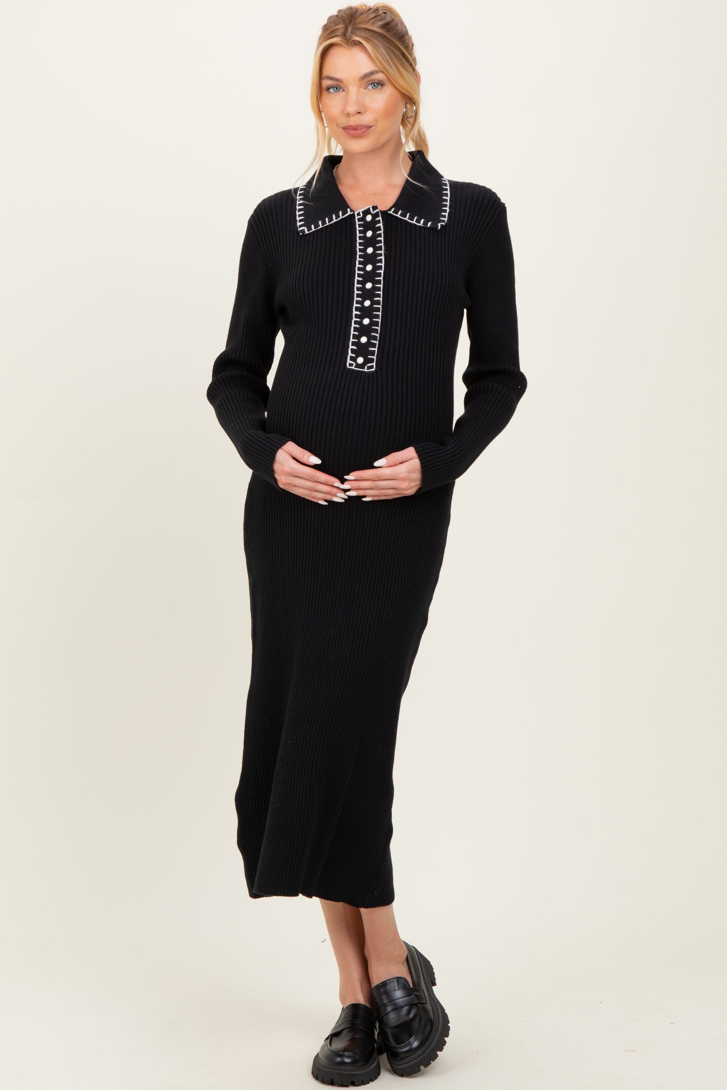Black Contrast Stitch Maternity Midi Sweater Dress