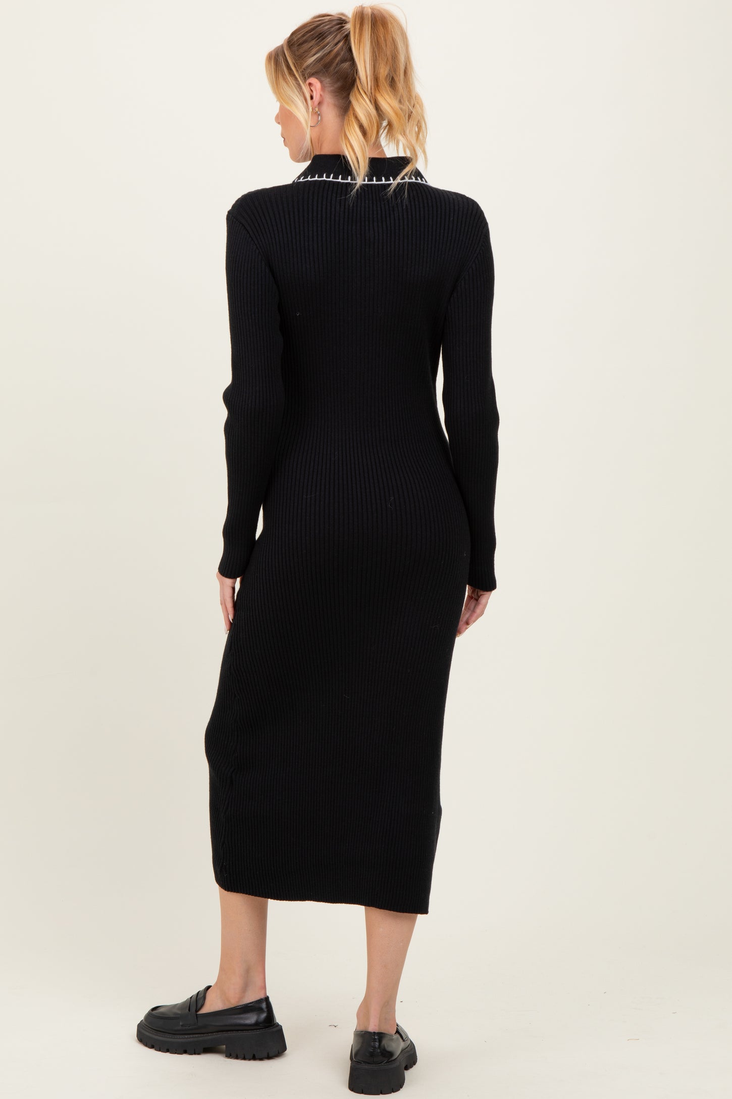 Black Contrast Stitch Maternity Midi Sweater Dress