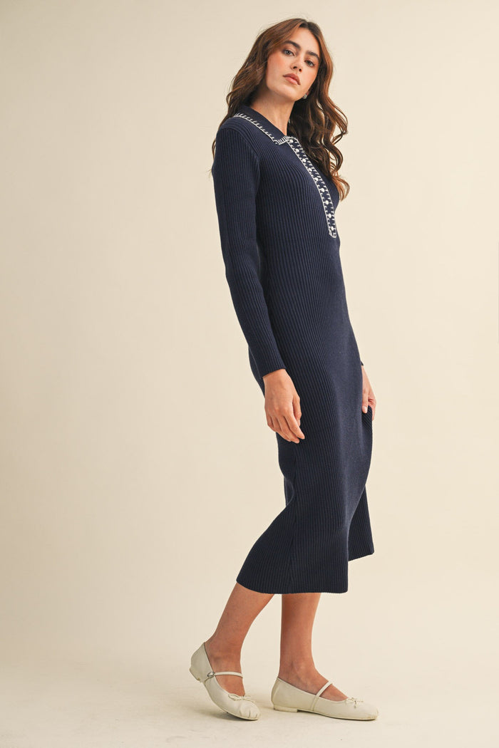 Navy Contrast Stitch Midi Sweater Dress
