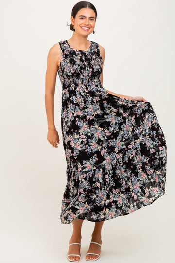 Black Floral Print Smocked Top Sleeveless Tiered Maxi Dress
