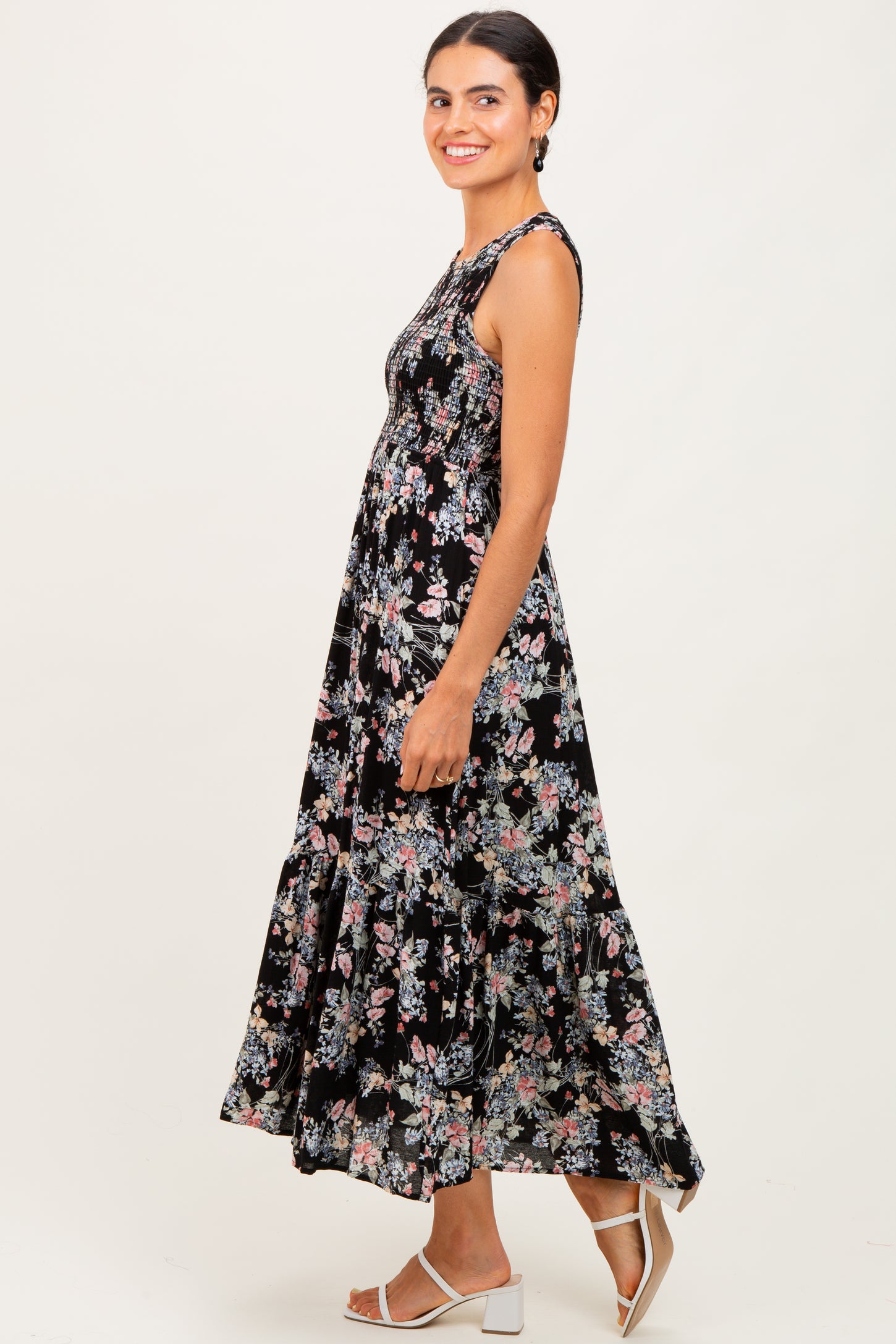 Black Floral Print Smocked Top Sleeveless Tiered Maxi Dress